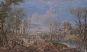 Tiefe Landschaft Mit Reicher Figurenstaffage Und Ruinen Am Fluss
