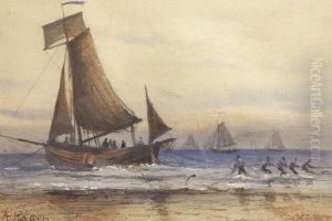 Trawler And Figures By The Shore by Adolphe Ragon
