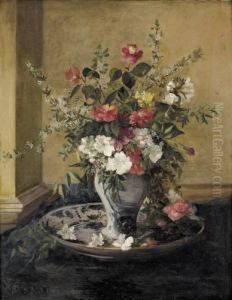 Blumenstillleben Mit Porzellanvase Und Teller. by Jules Felix Ragot