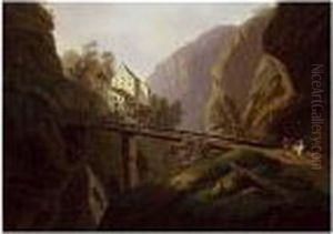 A Mountainous Landscape With A Bridge Crossing A Ravine by Johann Caspar Rahn