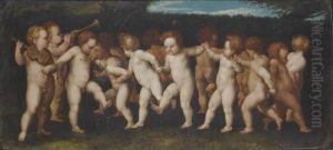 Putti Dancing A Ring Dance And Playing Music by Marcantonio Raimondi