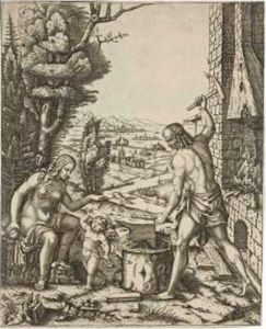 Vulcan, Venus And Eros by Marcantonio Raimondi