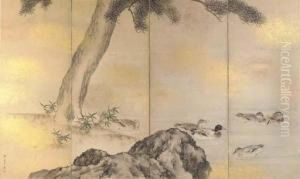 Ducks Swimming Under A Pine Tree by Nakajima Raisho