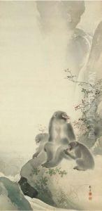 Three Monkeys On Bank By A Waterfall by Tanaka Raisho