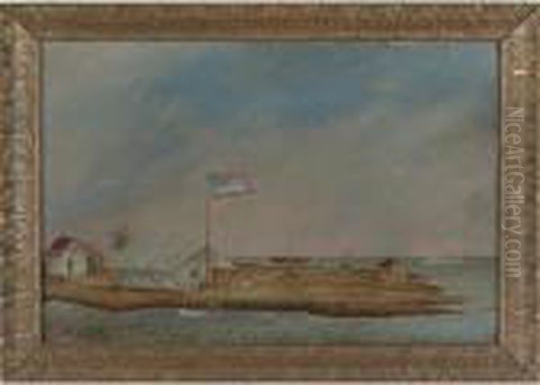An Island Scene With Natives Tents, A Steamer - view 1