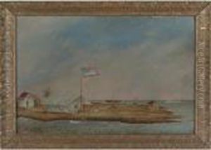 An Island Scene With Natives Tents, A Steamer An Island Scene With Natives Tents, A Steamer