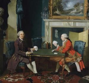 Double Portrait Of Two Gentlemen Playing Cards In An Interior by Johan Anton Alban Ramboux