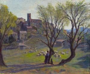 Bergere Et Ses Moutons Devant Un Village De L'aude by Jules Louis Rame