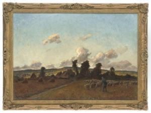 A Shepherd And His Flock In A Corn Field by Jules Louis Rame