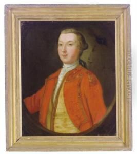 Portrait Of An Officer, Three-quarter Length In A Red Tunic, In Apainted Oval by Allan Ramsay