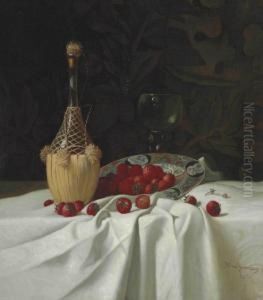 Still Life With Wine Bottle And Strawberries by Milne Ramsey
