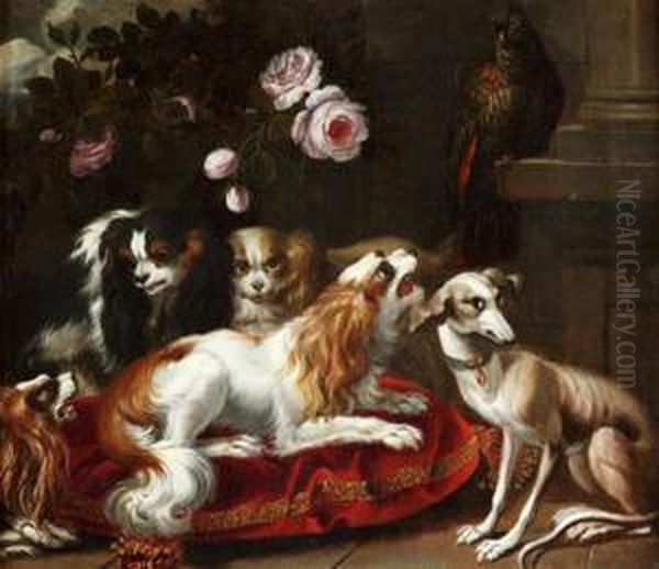 Perroquets Surveillant Des Levriers Et Un King Charles - view 1