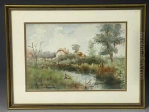 Maurice Randall - A Summer Riverscape With Afisherman In The Foreground And Cottages Beyond , Signed, Framedand Glazed, 7 by Maurice Randall