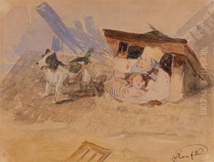 Mutter, Kind Und Hund Auf Demdach Eines Einsturzenden Hauses by Johann Matthias Ranftl