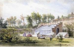 Two Garden Views, With Greenhouses, Resting Figures And Gardeners