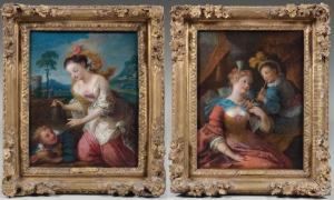 Jeune Femme A La Cage Aux Oiseaux Le Concert Paire De Toiles. by Jean Raoux