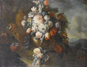 A Still Life Of Roses, Tulips, Carnations And Other Flowers In A Stone Vase, Beside Another Vase In A Landscape