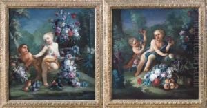Composizione Di Fiori E Putti Entro Paesaggio by Michele Antonio Rapous