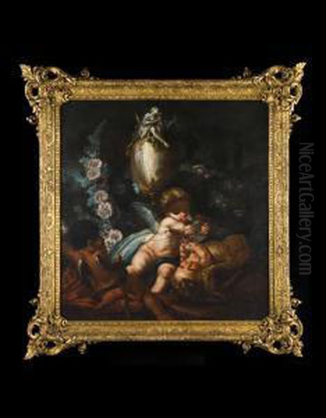 Gioco Di Putti ? Entro Paesaggio Con Fiori E Vaso Cimato Dalla Figura Di Diana Cacciatrice - view 1