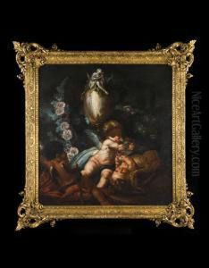Gioco Di Putti ? Entro Paesaggio Con Fiori E Vaso Cimato Dalla Figura Di Diana Cacciatrice by Vittorio Amedeo Rapous
