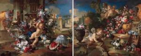 A Putto Seated On A Pedestal At The Foot Of Columns By A Sculpted Urn Decorated With A Garland Of Flowers; And A Putto Seated By A Fountain With Bouquets Of Flowers In Sculpted Vases And Classical Ruins Decorated With Garlands Of Flowers, In Classical Gar - view 1