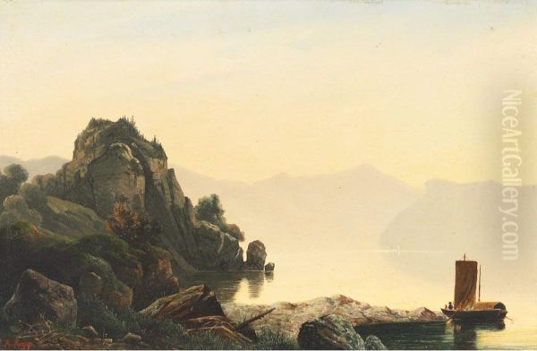 Misty Lake Scene With Boaters, North Italy - view 1