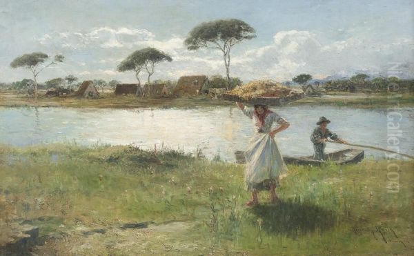 Flusslandschaft Mit Bauerin Und Fischer Am Ufer - view 1
