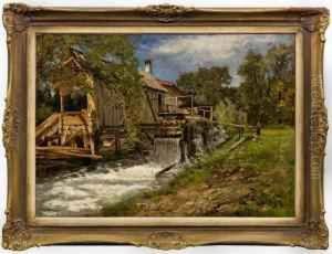 Sommerlandschaft Mitalter Wassermuhle Am Bach by Henry Raschen
