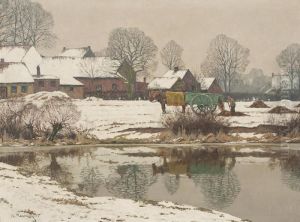 Winterlich Verschneitesgehoft Am Niederrhein Mit Bauer Auf Dem Feld by Alfred Rasenberger