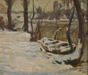 Winterliche Flusslandschaft Mit Kahn by Alfred Rasenberger