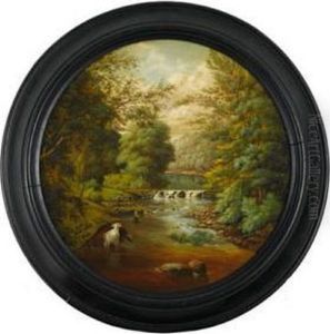Landscape Of Forest Interior With Stream And Cattle by J. Heyl Raser