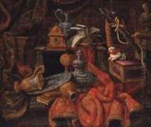 Books, A Silver Salver, Silver-gilt Ewer, Clock And Musicalmanuscript On Gold Embroidered Drapery, With A Dog On A Chair By Alute by Antonio Rasio