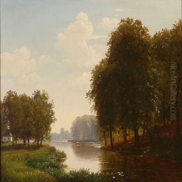 Forest Scene With A Grazing Fallow Deer At A Lake - view 1