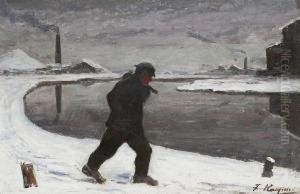 Worker Walking Home In The Snow