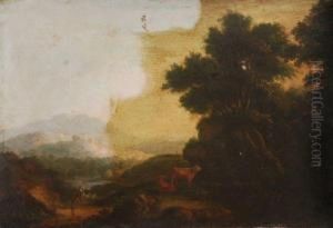 A Drover With Cattle In A Mountainous Landscape by John Rathbone