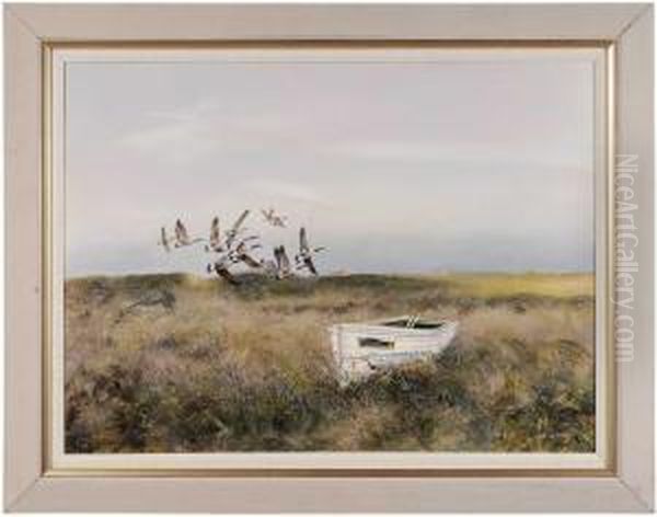 Canada Geese Flying Over Grassy Dunes - view 1