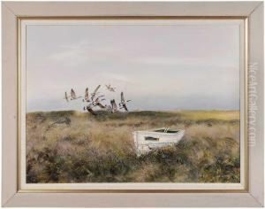 Canada Geese Flying Over Grassy Dunes by John Rathbone