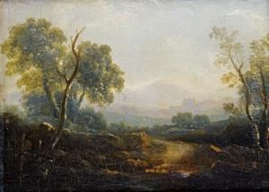 An Open Landscape With Mountains On The Horizon, A City In The Distance by John Rathbone