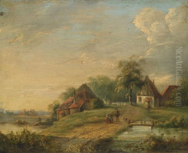 Family And Their Dog In A Riverside Town - view 1