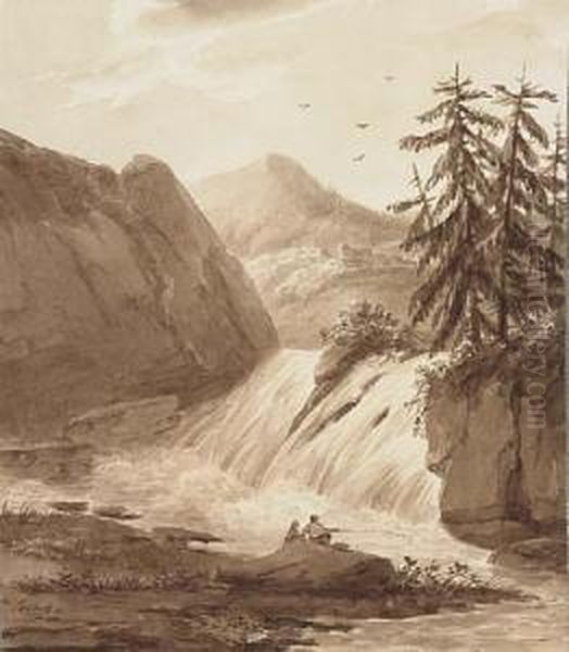 Romantic Landscape With A Waterfall And Two Anglers - view 1
