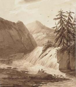 Romantic Landscape With A Waterfall And Two Anglers by Charles Rauch