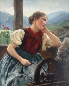Spinnerin Vor Bergkulisse