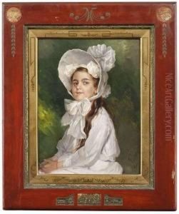 Portrait Of A Young Girl Wearing A White Dress And A White Bonnet.