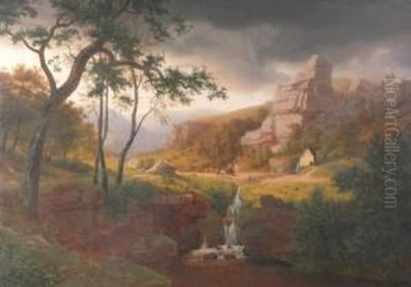 A Germanic Valley Scene With Figures.
Oil On Canvas. - view 1