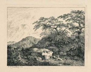 2 Bll.: Rastende Bauern An Einem Bach - Aus Einem Felsen Kommender Flus. by Johann Albrecht Friedrich Rauscher
