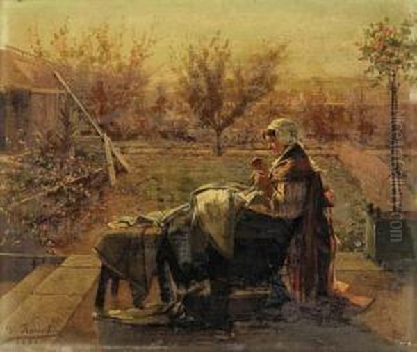 Mending By The Garden
Oil On Panel - view 1