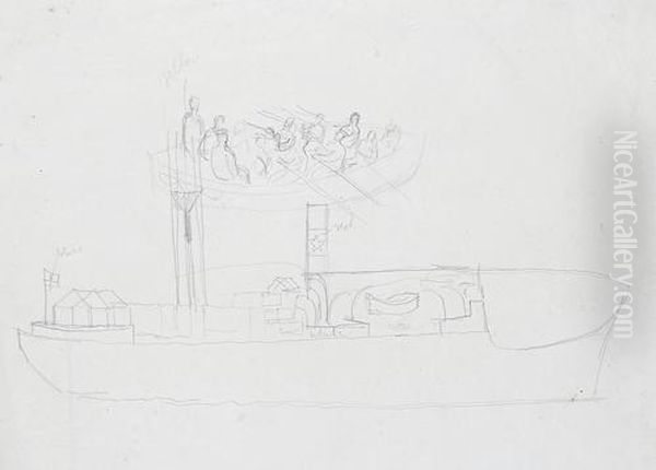 Rowing Boat And Ship In Profile - view 1