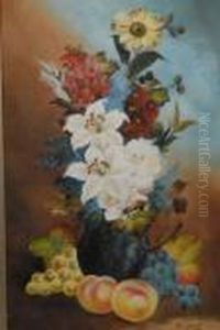 Still Life, A Vase Of Garden Flowers, Peaches And Fruitingvine by William Henry Raworth