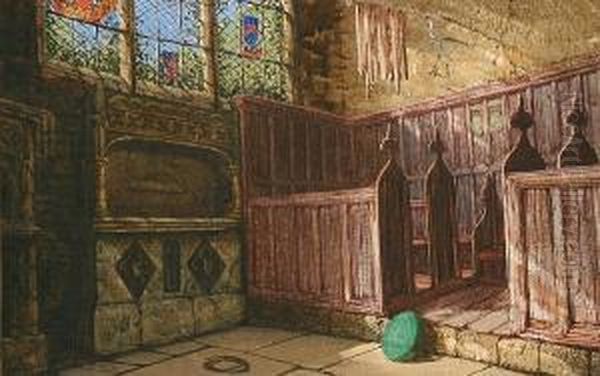 Church Interior With Wooden Pews Before A Stained Glass Window - view 1