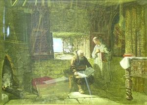 Ecclesiastical Interior With Monks Reading by Samuel A. Rayner